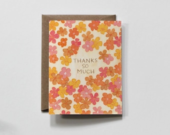 CHEERY THANK YOU | greeting card, thank you card, bright floral thank you card, flower bouquet, hand drawn floral  card, pink thank you