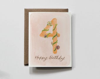 Fourth Birthday, Calligraphy Greeting Card | Cardstock Print | A2 5.5x4.25, Envelope Included, Blank Inside