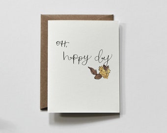 OH HAPPY DAY | birthday greeting card, oh happy day card, brown and yellow birthday flowers card, calligraphy birthday card, happy day card