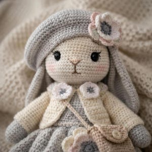 May include: A handmade crochet bunny doll wearing a gray beret with a flower, a cream-colored jacket, and a gray dress. The doll has black eyes, pink cheeks, and a small purse. The bunny is a soft toy.