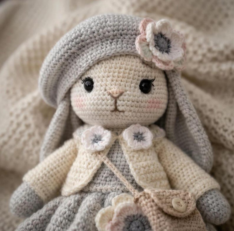 May include: A handmade crochet bunny doll wearing a gray beret with a flower, a cream-colored jacket, and a gray dress. The doll has black eyes, pink cheeks, and a small purse. The bunny is a soft toy.