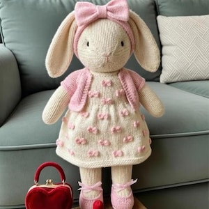 Op de afbeelding: Een gebreide konijnenpop met een roze strik, hoofdband en vest over een jurk versierd met roze strikken. De pop heeft bijpassende roze schoenen, een rode hartvormige handtas en een miniatuur lippenstift.