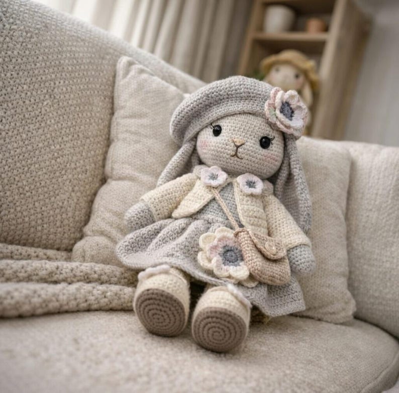 May include: A handmade crochet bunny doll in a gray dress, beret, and jacket, with a matching purse. The doll has a light beige face, pink cheeks, and black eyes. The doll is sitting on a beige couch with pillows.