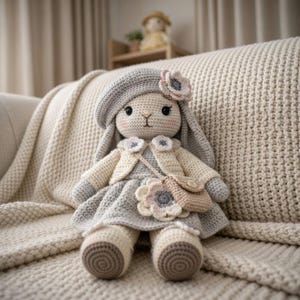 May include: A handmade crochet bunny doll wearing a gray beret, dress, and jacket. The doll has a small purse and flower accents. The bunny is sitting on a cream-colored blanket.