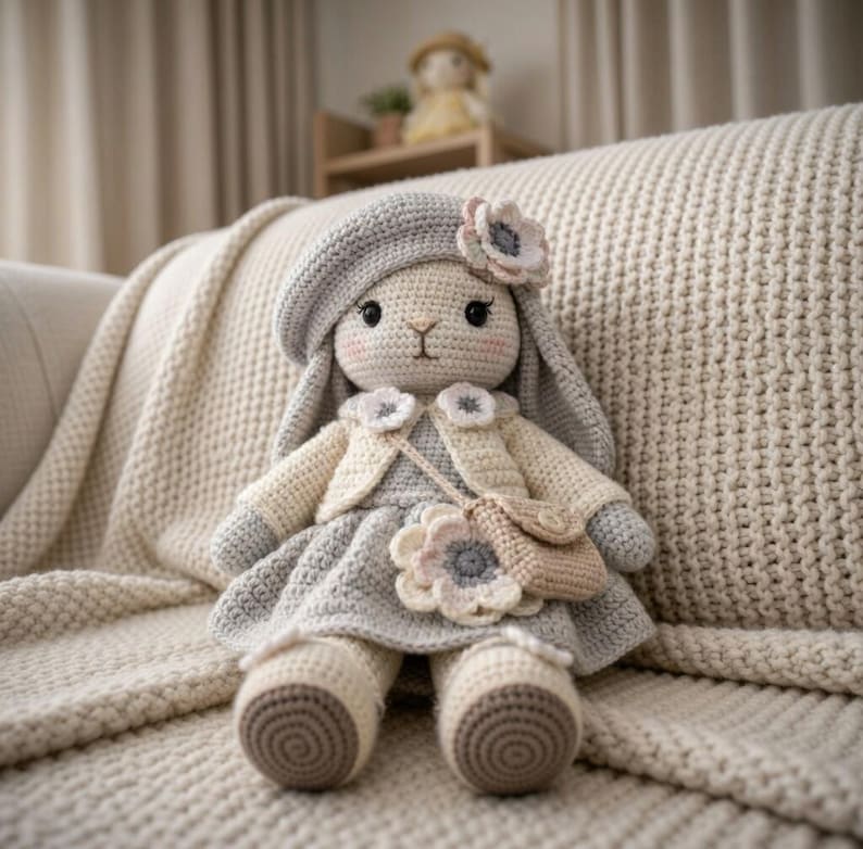 May include: A handmade crochet bunny doll wearing a gray beret, dress, and jacket. The doll has a small purse and flower accents. The bunny is sitting on a cream-colored blanket.
