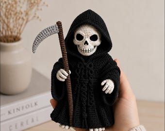あみぐるみ死神かぎ針編みパターン｜ハロウィン死神おもちゃパターン｜骸骨死神ぬいぐるみパターン｜ハロウィンかぎ針編み – 英語PDF