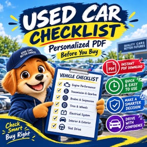 Può includere: Un documento di lista di controllo per auto usate con un cane dei cartoni animati che indossa un berretto e una felpa blu. La lista include motore, trasmissione, freni, pneumatici, impianto elettrico, interni, esterni e prova su strada. Testo: USED CAR CHECKLIST, PERSONALIZED PDF.