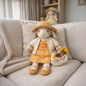 May include: A knitted bunny doll in a yellow dress, cardigan, and hat, holding a basket with flowers and small items. Another bunny doll is visible in the background. The doll is beige in colour.