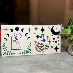 Celestial Coaster Set | Mystical Space Decor | Plant and Moon Phase Ceramic Tiles | Whimsical Astrology Gift | Handmade Cosmic Coasters