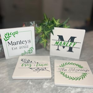 Personalized Last Name Coasters - Custom Family Name - Housewarming gift, Wedding gift, New Home Decor, Ceramic Coasters - 4 Coaster Bundle