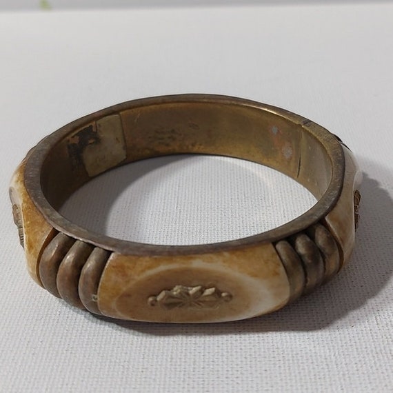 Vintage Bone and Brass Inlay Bangle Bracelet With Or… Gem