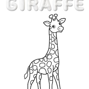 Może przedstawiać: Czarno-biała ilustracja żyrafy z długą szyją i wzorem w plamki. Słowo "GIRAFFE" jest napisane białymi literami w kształcie bąbelków nad żyrafą.