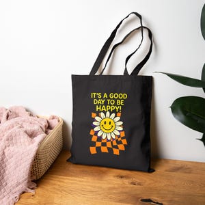 Happy Smile Flower Tote Bag: Reusable Cotton Canvas Grocery Bag
