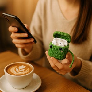 May include: A green crocheted AirPods case shaped like a frog, with black eyes and a small pink blush. The case is open, revealing white AirPods inside. A person holds the case and a black smartphone.
