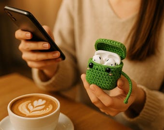 May include: A green crocheted AirPods case shaped like a frog, with black eyes and a small pink blush. The case is open, revealing white AirPods inside. A person holds the case and a black smartphone.