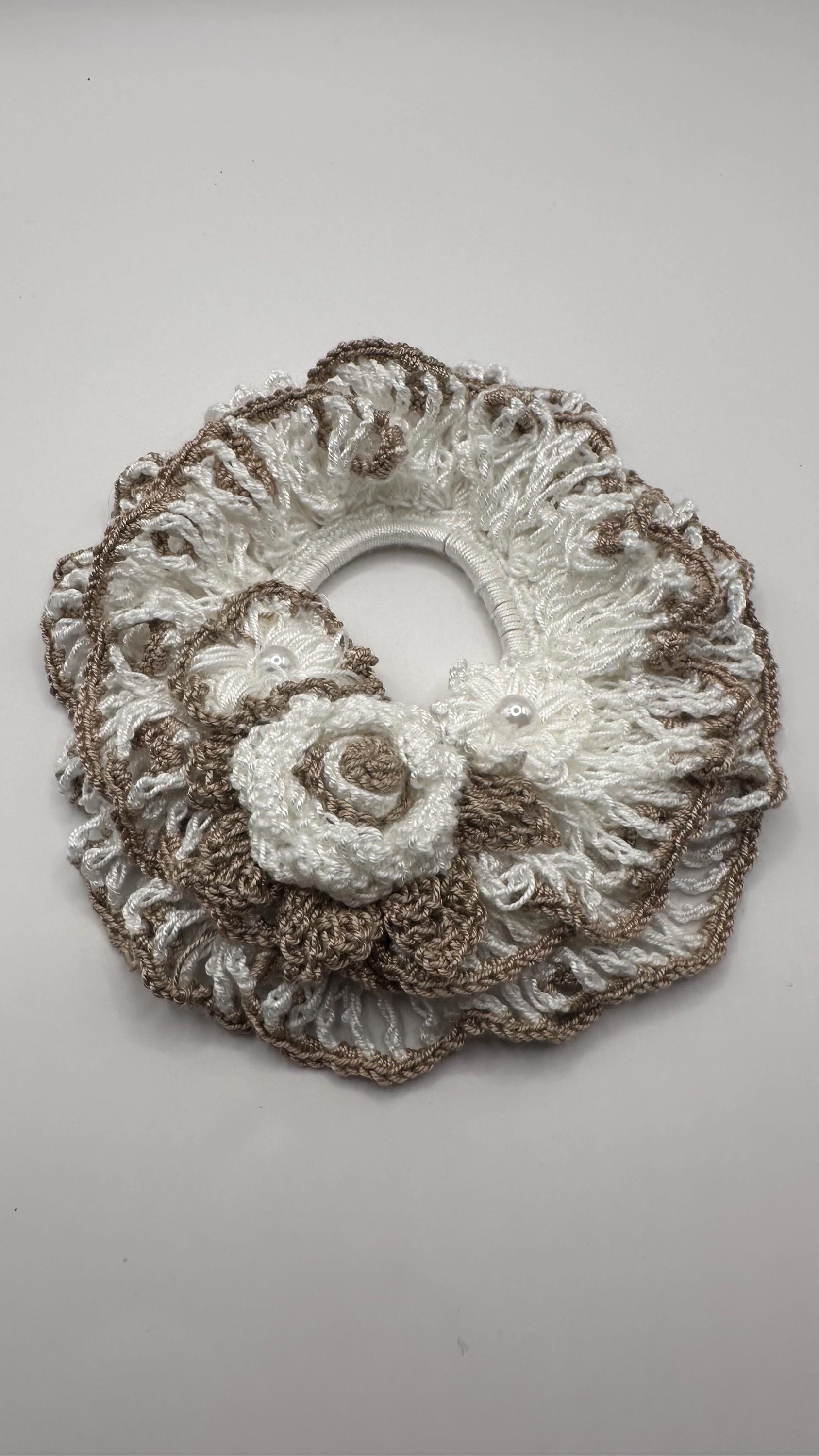 German Ruffles Cappuccino Rose Ruffle Scrunchie Crochet Pattern PDF | Floral Hair Tie ...