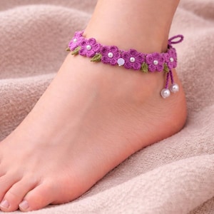 Padrão de crochê para uma tornozeleira lavanda dos sonhos, tornozeleira floral em PDF, alemão, inglês britânico, inglês americano, joias de crochê para o verão, ideia para presente