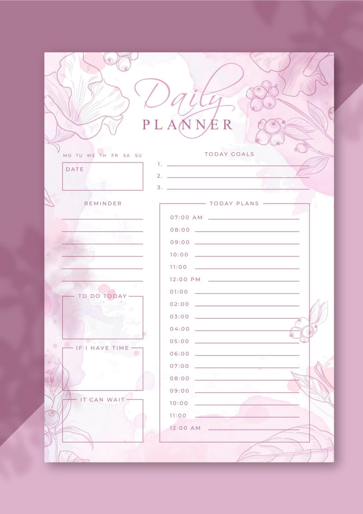 Printable Daily Planner | Aesthetic Pink Floral Daily Schedule | Hourly ...