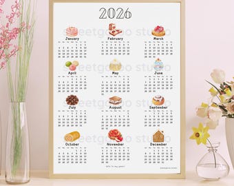 Cute 2026 Calendar | 2026 Wall Calendar | Printable Café‑Inspired Watercolor Pastry Art | Digital Download