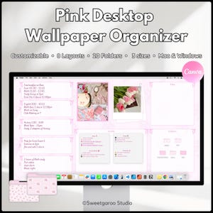 Organizador de Papel de Parede Rosa com Laço Floral para Área de Trabalho | Fundo Estético para Área de Trabalho e Planejador Semanal | Modelo Editável do Canva para Trabalho e Escola