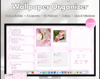 Rosa Desktop Wallpaper Organizer Blumen Bogen | Ästhetischer Desktop Hintergrund & Wochenplaner | Bearbeitbare Canva Vorlage für die Arbeit / die Schule