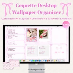 May include: A pink desktop wallpaper organizer with a coquette theme. The screen displays a schedule, to-do lists, and folder icons. The design includes pink bows and hearts, with the text "Coquette Desktop Wallpaper Organizer."