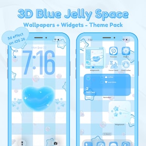 May include: A digital display showcasing a blue theme pack with the text "3D Blue Jelly Space" and "Wallpapers + Widgets - Theme Pack." The screen displays a blue heart, stars, and a grid pattern. The time is 7:16 and 7:22.