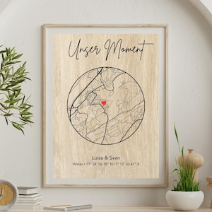Personalisierte Stadtkarte Holz A3 – Gravur mit Koordinaten & Namen | Geschenk Verlobung I Hochzeit I Jahrestag I Liebe Karte Herz