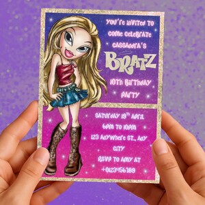 Y2K verjaardag pop cartoon uitnodiging voor feesten, Y2K Brat z verjaardagsfeestje jaren 2000, digitale canvas uitnodiging, paarse zonsondergang glitter thema
