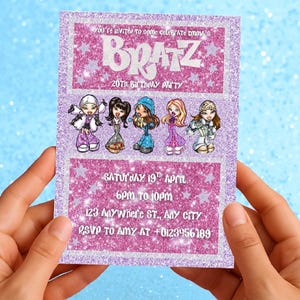 Y2K verjaardag pop cartoon uitnodiging voor feesten, jaren 2000 Y2K Brat z verjaardagsfeestje, digitale canvas uitnodiging, glitterroze, paars en zilver