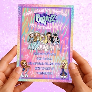Y2K verjaardag pop cartoon uitnodiging voor feesten, Y2K Brat z verjaardagsfeestje jaren 2000, digitale canvas uitnodiging, thema regenboog glitter schittering