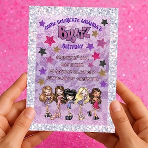 Y2K verjaardag pop cartoon uitnodiging voor feesten, jaren 2000 Y2K Brat z verjaardagsfeestje, digitale canvas uitnodiging, glitter paars, roze en zilver