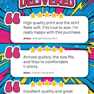 May include: A graphic display featuring the text NOSTALGIA DELIVERED in a comic book style. Three white review boxes with pink quotation marks and five yellow stars each contain customer feedback for Midnight Society, Captain Planet, and Clarissa Explained None Of This shirts.