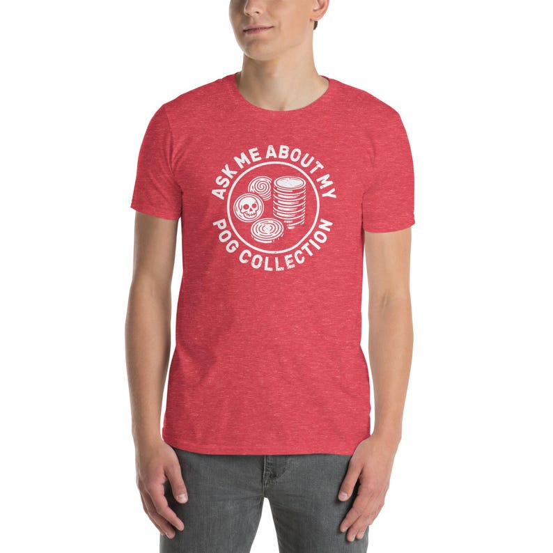 Pregúntame sobre mi colección de POG, camiseta de la colección POGS, nostalgia de los juguetes de los 90, regalo millennial Heather Red