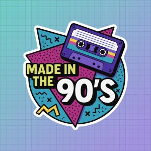Made in the 90s Sticker — Retro Cassette Design, Funny Nostalgia Gift for Millennials, Bright Y2K Style Vinyl Decal for Laptops & More