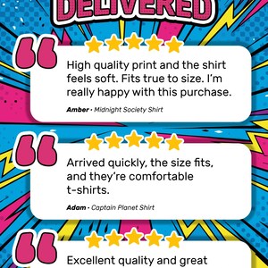 May include: A graphic display featuring the text NOSTALGIA DELIVERED in a comic book style. Three white review boxes with pink quotation marks and five yellow stars each contain customer feedback for Midnight Society, Captain Planet, and Clarissa Explained None Of This shirts.