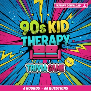 May include: A vibrant graphic for a trivia game called "90s Kid Therapy." The design includes a pink sofa, text in yellow and teal, and the words "Trivia Game." The background has a comic book style with lightning bolts and bursts.