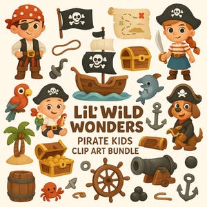 Paquete de imágenes prediseñadas de piratas para niños de Lil' Wild Wonders: adorables animales piratas, tesoros y accesorios PNG para fiestas infantiles, guarderías y manualidades.