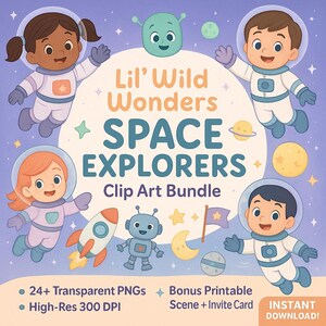 Pequeñas Maravillas Salvajes: Paquete de imágenes prediseñadas de exploradores espaciales / Niños astronautas, extraterrestres, cohetes, accesorios espaciales y extras imprimibles / PNG + Invitación adicional