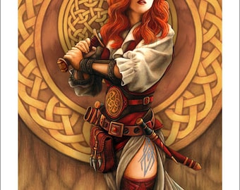 8.5" x 11" Fantasy Art Print Celtic Woman Highlander Outlander Irish Celt Scottish Costume Medieval Sword Ginger Redhead Poster Wall Decor