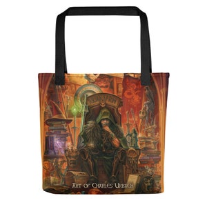 May include: A tote bag featuring a fantasy illustration of a robed figure sitting on a throne surrounded by books, weapons, and other magical objects. The text "Art of Charles Urbach" is printed at the bottom of the bag.