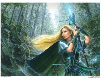 19x13" Fantasy Art Print Emerald Enchantress Elf Elven Queen Forest Sorceress Druid Fairy Magic Staff Cloak Dress Crystal Jewel Ears LOTR