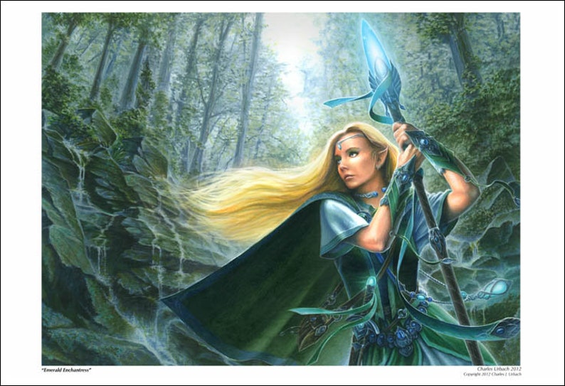 19x13 Fantasy Art Print Emerald Enchantress Elf Elven Queen Forest Sorceress Druid Fairy Magic Staff Cloak Dress Crystal Jewel Ears LOTR image 1