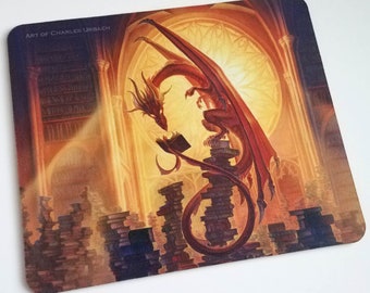Computer Mouse Pad 9.1"x7.6" Red Dragon Reading Book Gothic Library Fantasy Art Wizard Magic Spell Wyrm Bookworm Bookwyrm Game Gaming School
