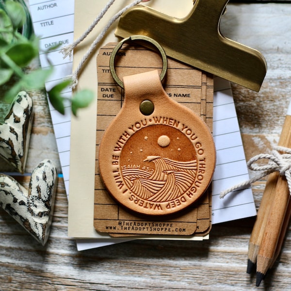 DEEP WATERS (Isaiah 43:2) leather keyring (camel/natural)