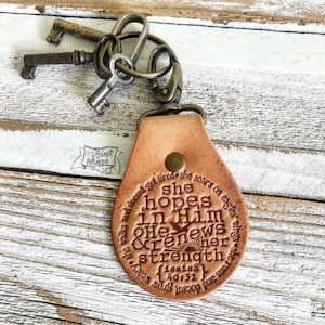 she hopes in Him and He renews her strength (Isaiah 40:31) leather key fob ring (camel/natural)