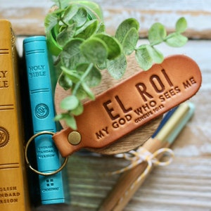 El Roi - my God who sees me {Genesis 16:13} leather keyring (camel/natural)