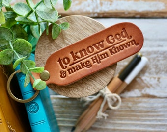 to know God & make Him known leather keyring (camel/natural) Classical Conversations