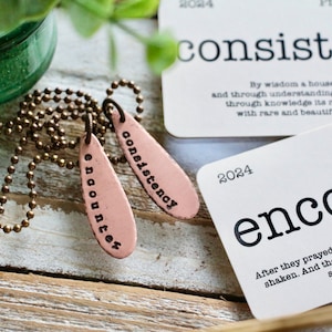 May include: A pink metal necklace with two teardrop-shaped pendants. The pendants are engraved with the words "consistency" and "encounter".