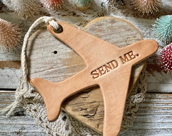 leather ornament airplane SEND ME (natural unpainted)